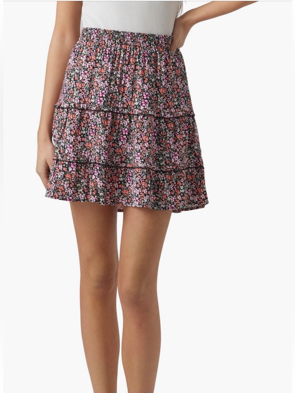 Vero Moda Easy Frill Floral Skirt - black and pink